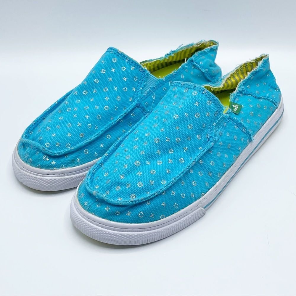 Sanuk Ocean Blue with Silver polka dots slip on canvas sneakers